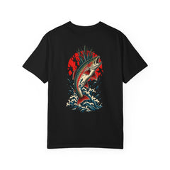 River Crown Back Print Tee — large fishing artwork on the back of Black Comfort Colors 1717