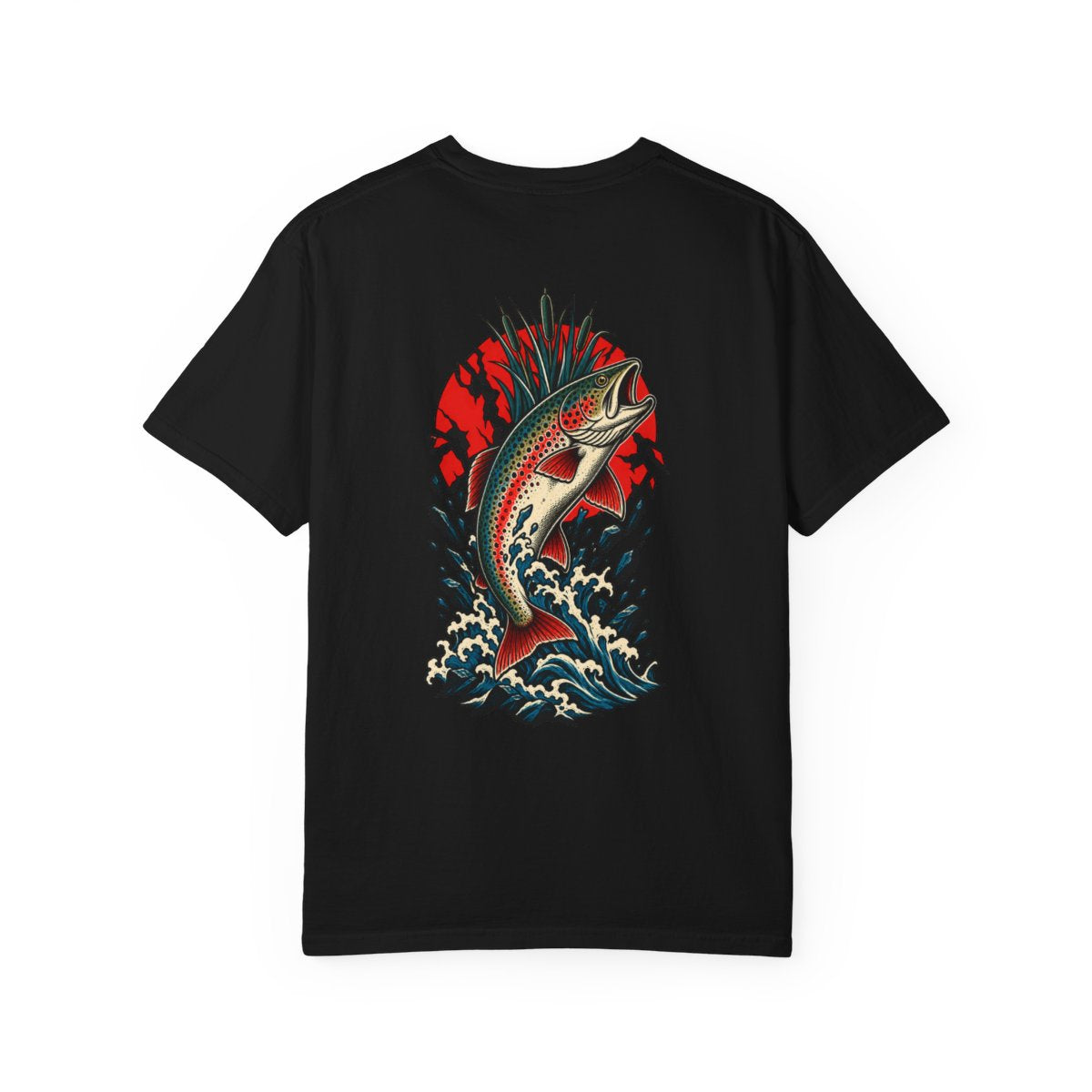 River Crown Back Print Tee — large fishing artwork on the back of Black Comfort Colors 1717