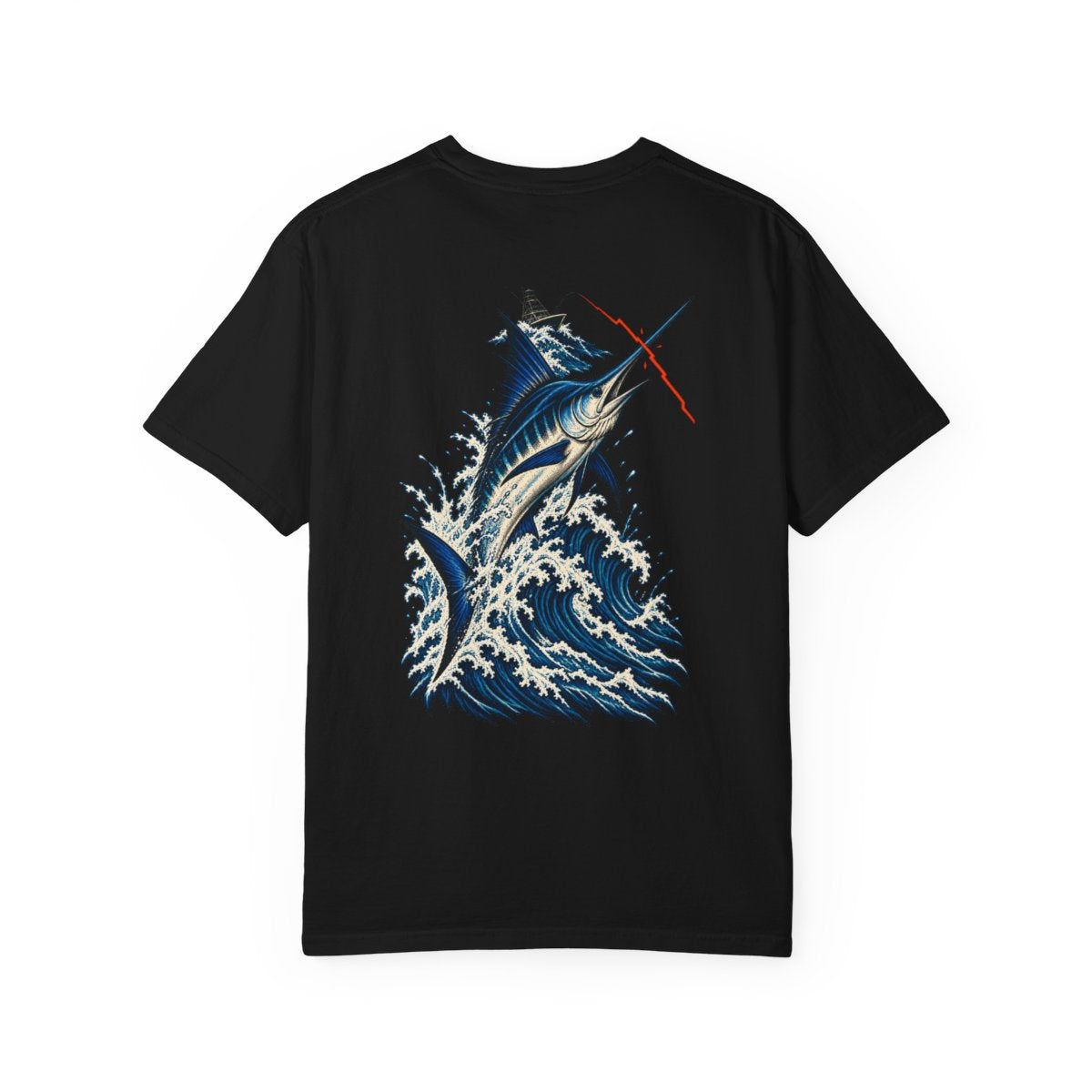 Sword Through Storm Back Print Tee — large fishing artwork on the back of Black Comfort Colors 1717
