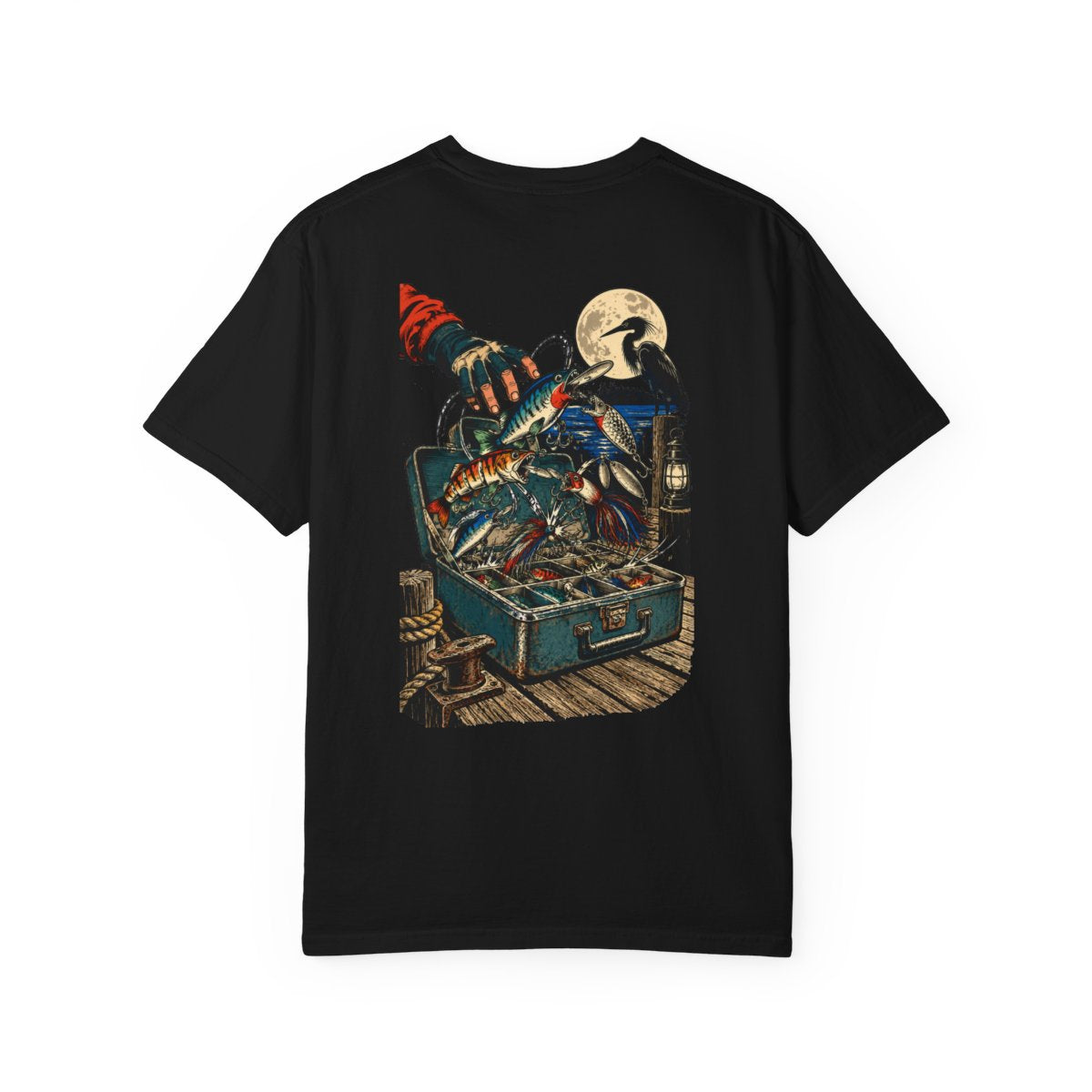 Tackle Box After Midnight Back Print Tee — large fishing artwork on the back of Black Comfort Colors 1717