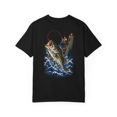 The Fish That Pulled Back Back Print Tee — large fishing artwork on the back of Black Comfort Colors 1717