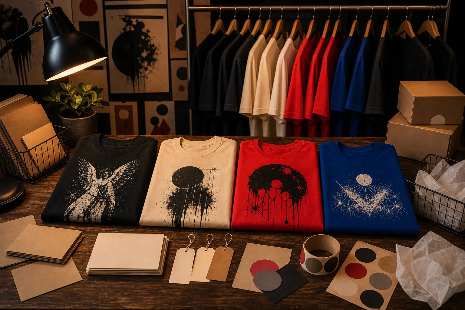 Fresh graphic tee drop table with folded shirts, rack wall, blank drop cards, tags, boxes, and packing tissue